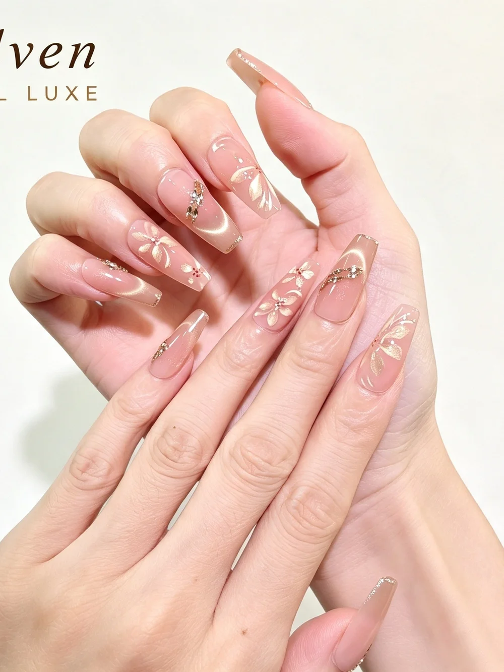 Nude Pink Gold Cat Eye With Floral Long Coffin Press On Nails With Rhinestone